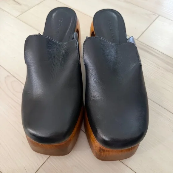 Farm Rio Black Vegan Leather Heart Cutout Wood Platform Wedge Mules Clogs US 7 - Picture 3 of 9